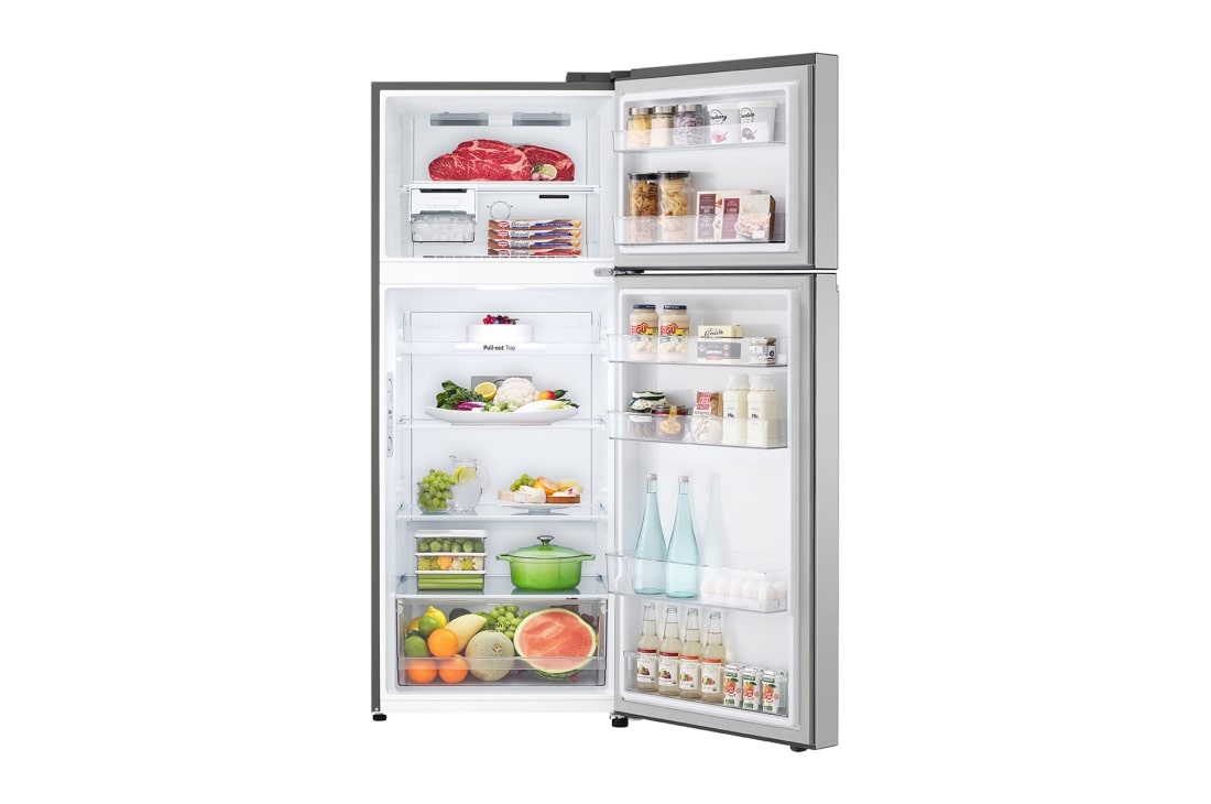 LG Top Mount Fridge with DoorCooling⁺™ for Even and Fast Cooling, front open view with food stored, GN-B502PLGB, thumbnail 2