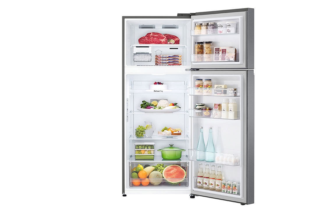 LG Top Freezer, Smart Inverter, 395L, front open view with food stored, GN-B502PQGB, thumbnail 2