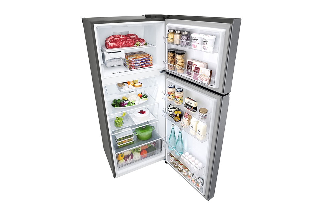 LG Top Freezer, Smart Inverter, 395L, top perspective open view with food stored, GN-B502PQGB, thumbnail 11