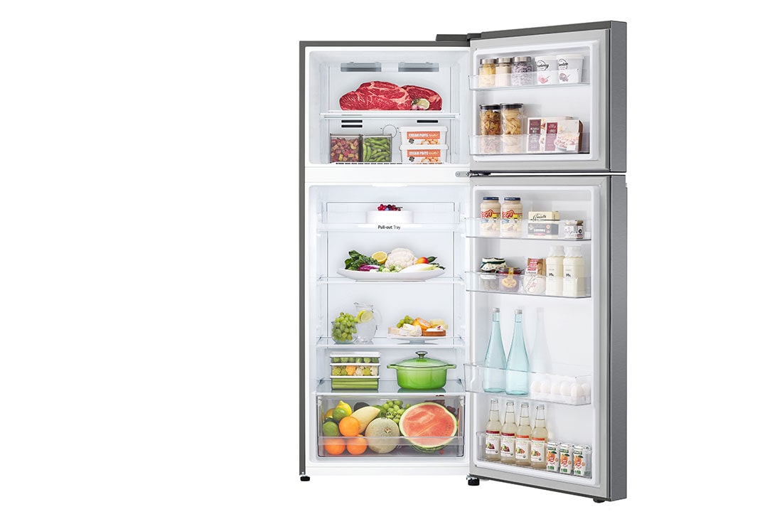 LG  LG Top Fridge, 375L, Silver, front open view with food stored, GN-B472PQMB, thumbnail 2