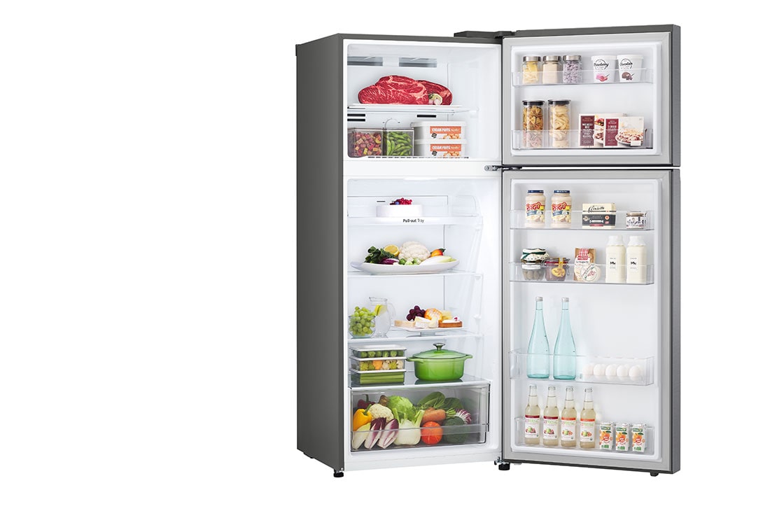 LG  LG Top Fridge, 375L, Silver, left side open view with food stored, GN-B472PQMB, thumbnail 10