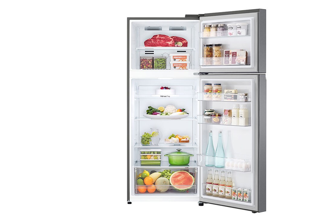 LG  LG Top Mount Fridge, 375L, Silver, front open view with food stored, GN-B482PQMB, thumbnail 2