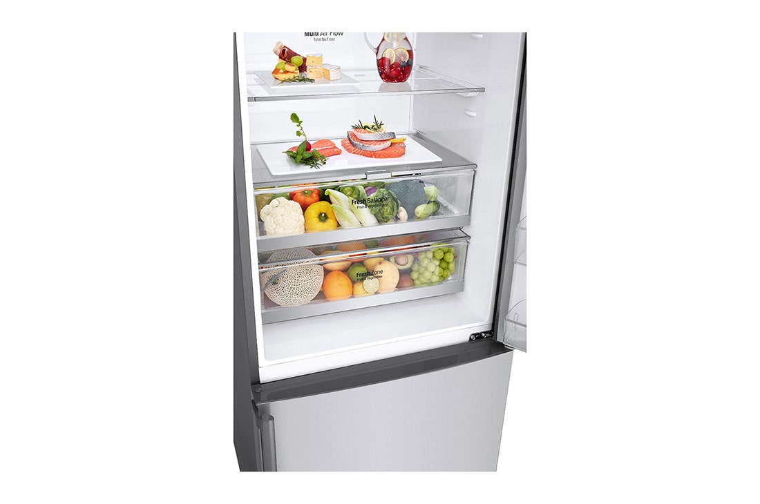 LG New Bottom Mount Refrigerator, Inverter Compressor, Multi AirFlow, Smart Diagnosis™, Platinum Silver, Top Drawer with food, GR-F589BLCM, thumbnail 4