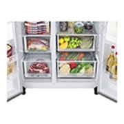LG Double Door Refrigerator, 647L, Platinum Silver, bottom door open with food, GR-B267SLWL, thumbnail 4