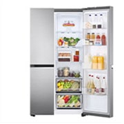 LG Double Door Refrigerator, 647L, Platinum Silver, right side door open with food, GR-B267SLWL, thumbnail 7