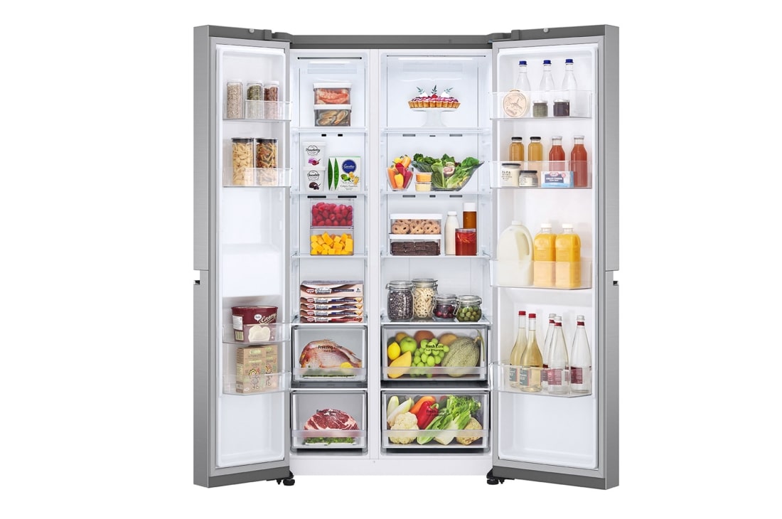 LG Double Door Refrigerator, 647L, Platinum Silver, front all doors open with food, GR-B267SLWL, thumbnail 2