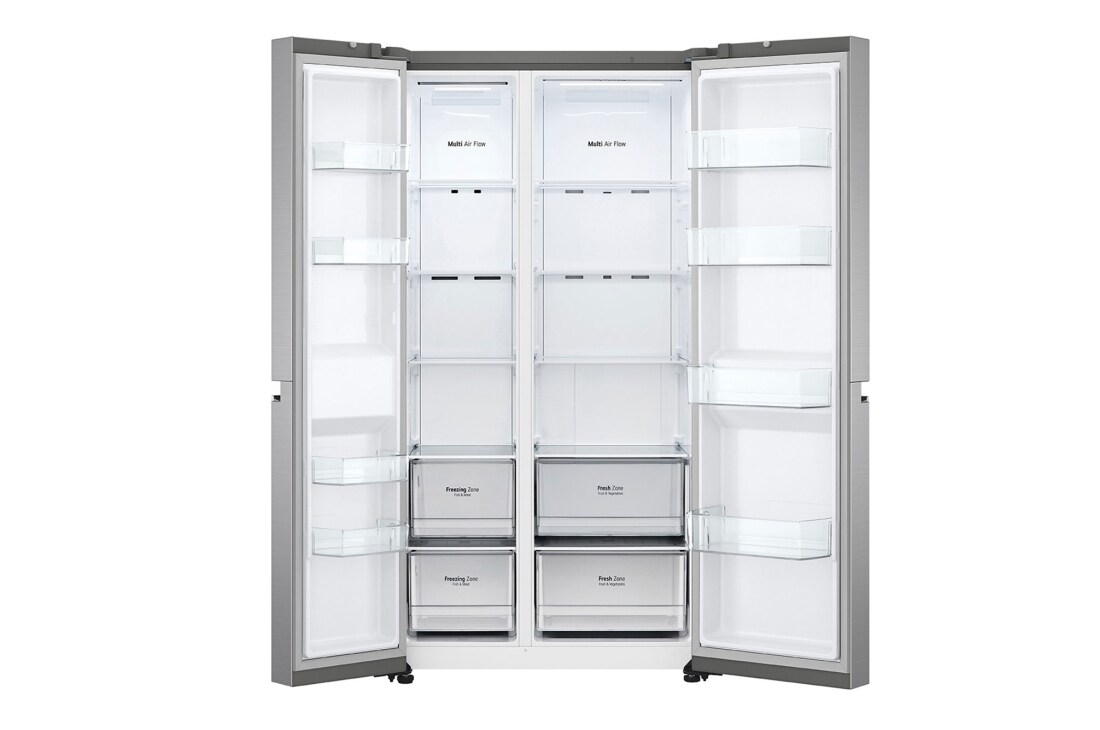 LG Double Door Refrigerator, 647L, Platinum Silver, front all doors open view, GR-B267SLWL, thumbnail 6