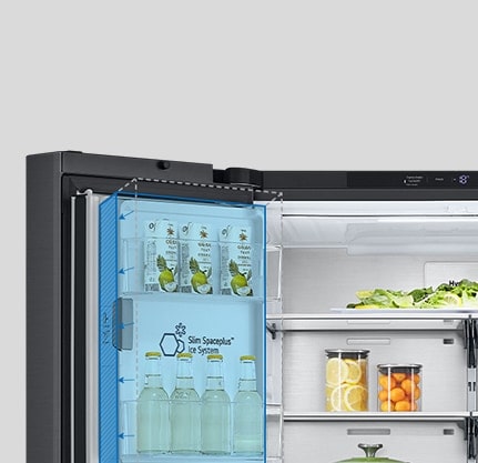 Inside the refrigerator, a slim indoor ice maker is highlighted in blue and the refrigerator is full of ingredients