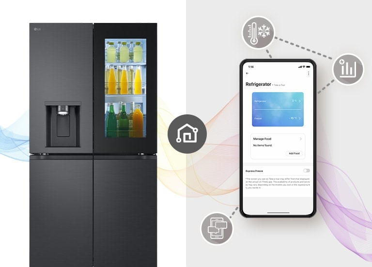 There's a woman sitting comfortably at a table far away doing her job. There is an ai speaker on the table. Leaving her behind, the walls and Black Glass InstaView refrigerator are placed.
