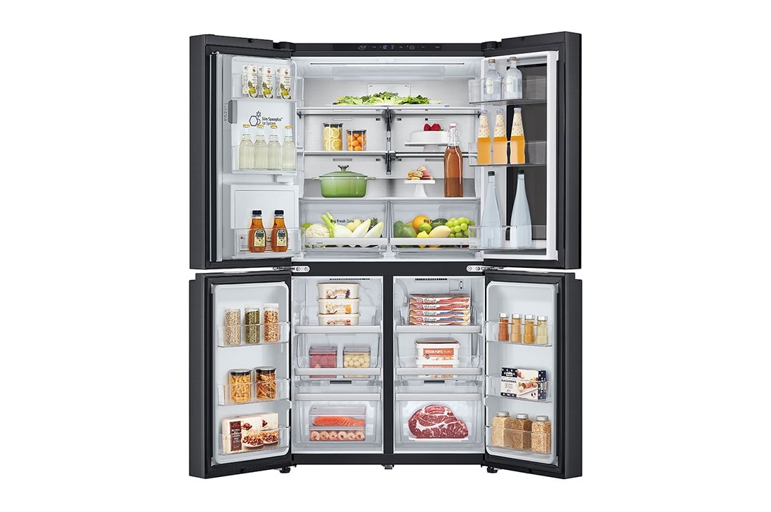 LG Black Glass InstaView, French Door Fridge, Essence Black Steel, Front open (foods full, open door), GR-X34FFCAB, thumbnail 2