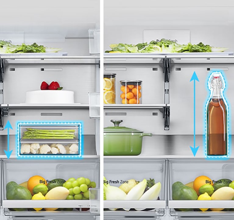 On the left, a shelf was spread out inside the refrigerator and a low food container was placed, and on the right, the shelf was folded in the same position and a high bottle was placed.