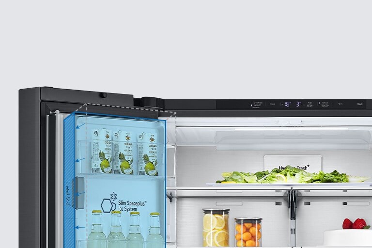 Inside the refrigerator, a slim indoor ice maker is highlighted in blue and the refrigerator is full of ingredients