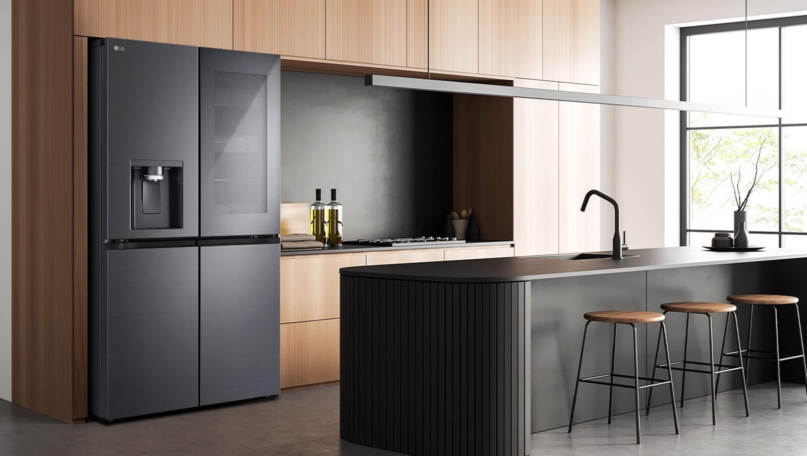 Modern kitchen interior with InstaView fridge.