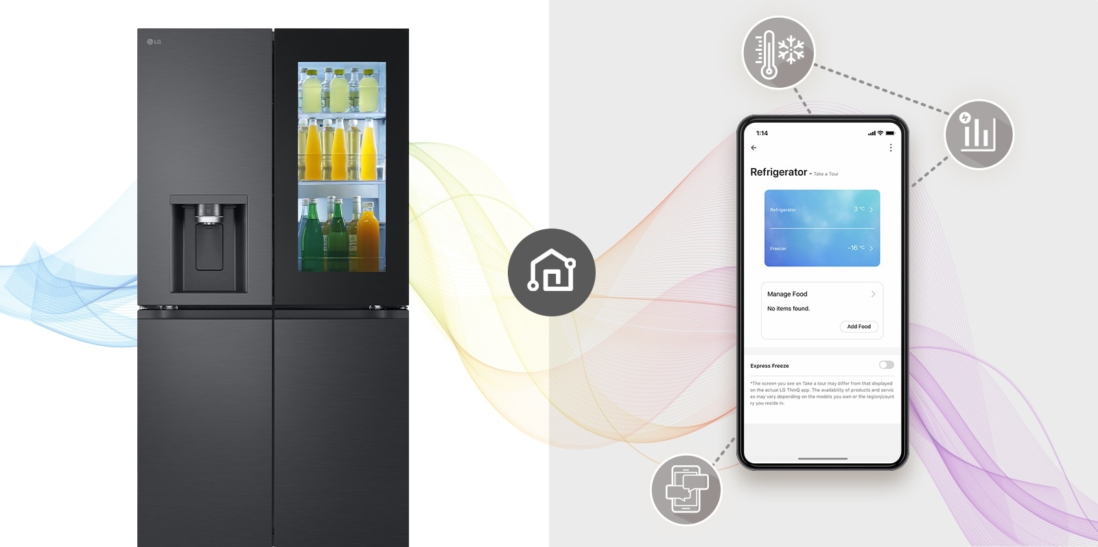 There's a woman sitting comfortably at a table far away doing her job. There is an ai speaker on the table. Leaving her behind, the walls and Black Glass InstaView refrigerator are placed.