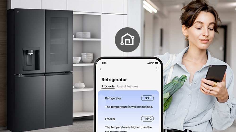 Image on the right shows a woman with a shopping basket looking at her cell phone. Image on the left shows the refrigerator front view. In the center of the images is an icon to show connectivity between the phone and refrigerator.