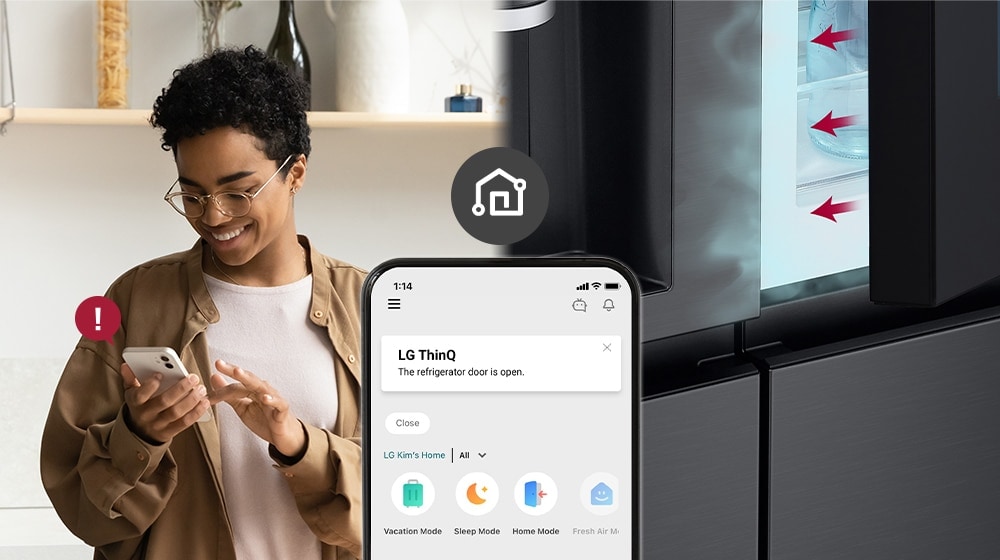 The image on the left shows the woman looking at the smartphone. The image on the right shows that the refrigerator door has been left open. In the foreground of the two images is the phone screen which shows the LG ThinQ app notifications and the Wi-Fi icon above the phone.