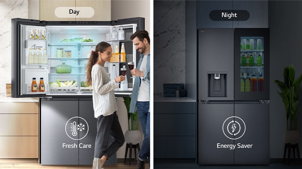 The image on the left shows a couple holding glasses during the day in front of an open refrigerator. Only one side of the refrigerator is open, and blue cold air is flowing out of the refrigerator. The thermometer icon, which means cold air, is located below the image. The image on the right shows the refrigerator in the kitchen on a dark night. Below the image is an electric icon, which means energy saving.