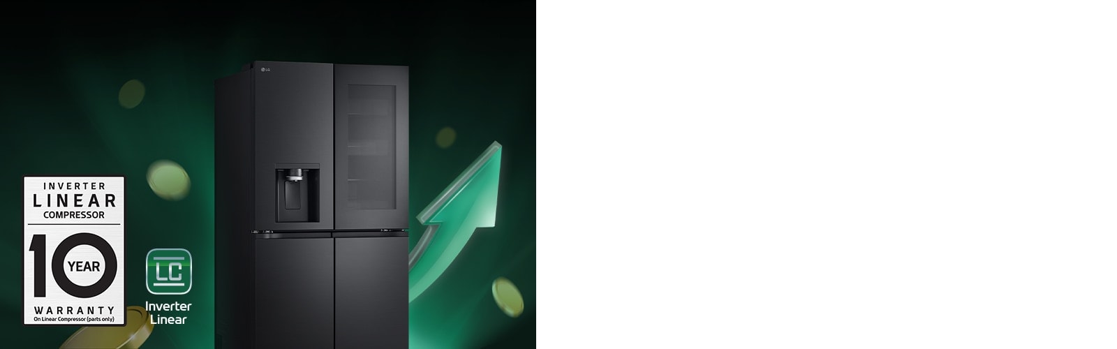 Refrigerator in front of rising arrows and piling coins