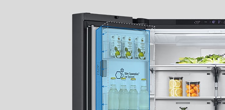 Inside the refrigerator, a slim indoor ice maker is highlighted in blue and the refrigerator is full of ingredients