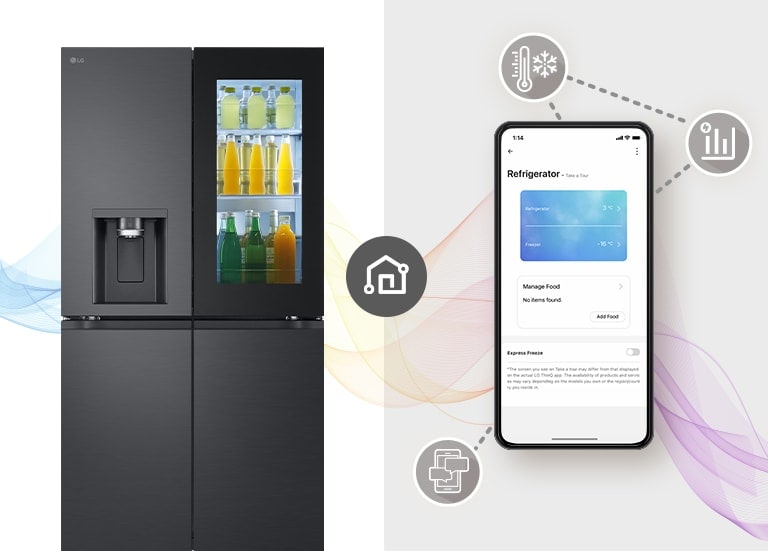 There's a woman sitting comfortably at a table far away doing her job. There is an ai speaker on the table. Leaving her behind, the walls and Black Glass InstaView refrigerator are placed.