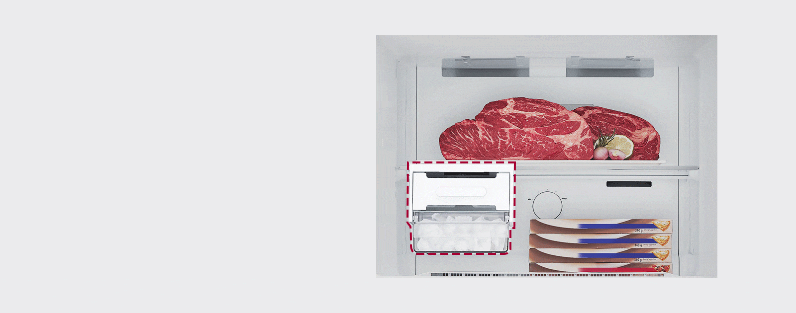 Moving Ice Maker can be easily detached, and more food can be stored instead.