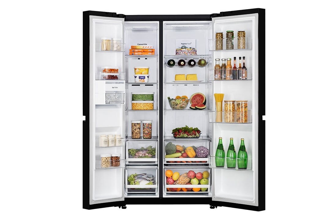 LG Side by Side Refrigerator, Smart Inverter Compressor, Black, DoorCooling+™, GL-B257DBM3-Front-View-With-Food, GR-B267DBM3, thumbnail 2
