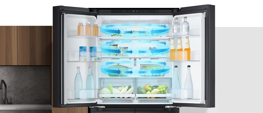 Inside the refrigerator filled with ingredients, blue arrows, which mean cold, are displayed below, on both sides, and on the whole.