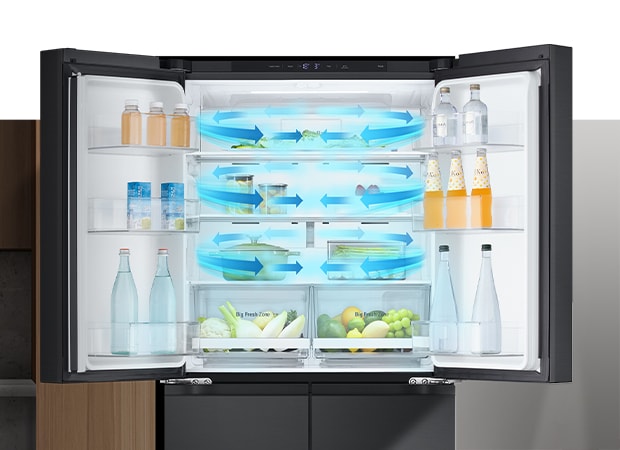 Inside the refrigerator filled with ingredients, blue arrows, which mean cold, are displayed below, on both sides, and on the whole.