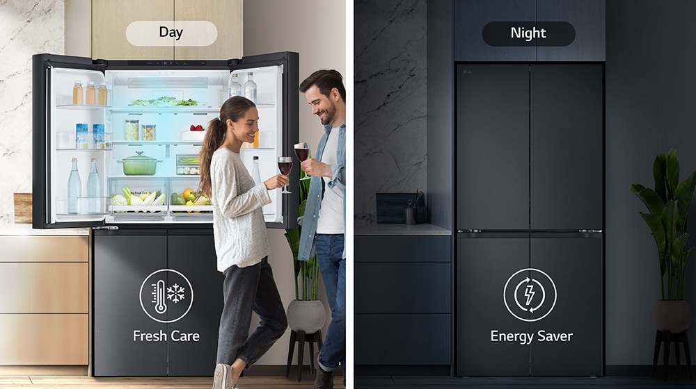 The image on the left shows a couple holding glasses during the day in front of an open refrigerator. Only one side of the refrigerator is open, and blue cold air is flowing out of the refrigerator. The thermometer icon, which means cold air, is located below the image. The image on the right shows the refrigerator in the kitchen on a dark night. Below the image is an electric icon, which means energy saving.