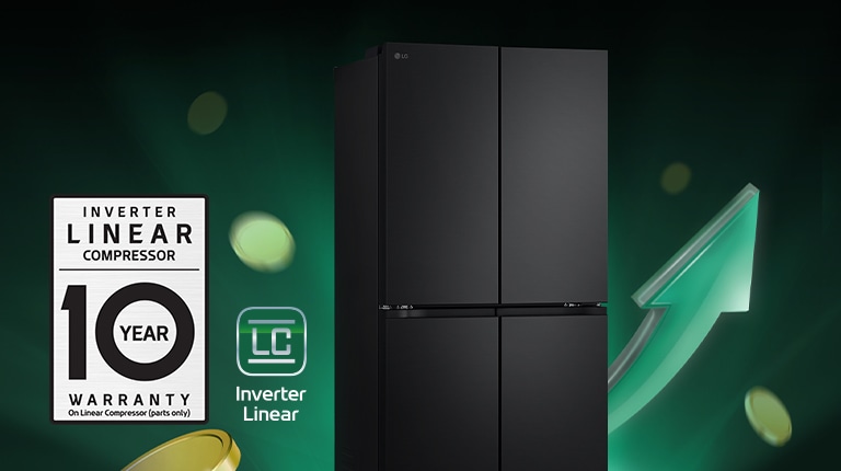 Refrigerator in front of rising arrows and piling coins