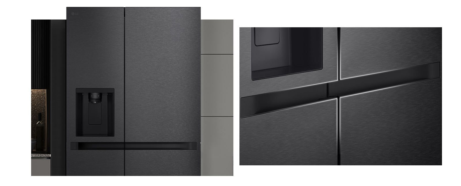The refrigerator with a black and luxurious kitchen interior was installed in the kitchen to express the total product design.