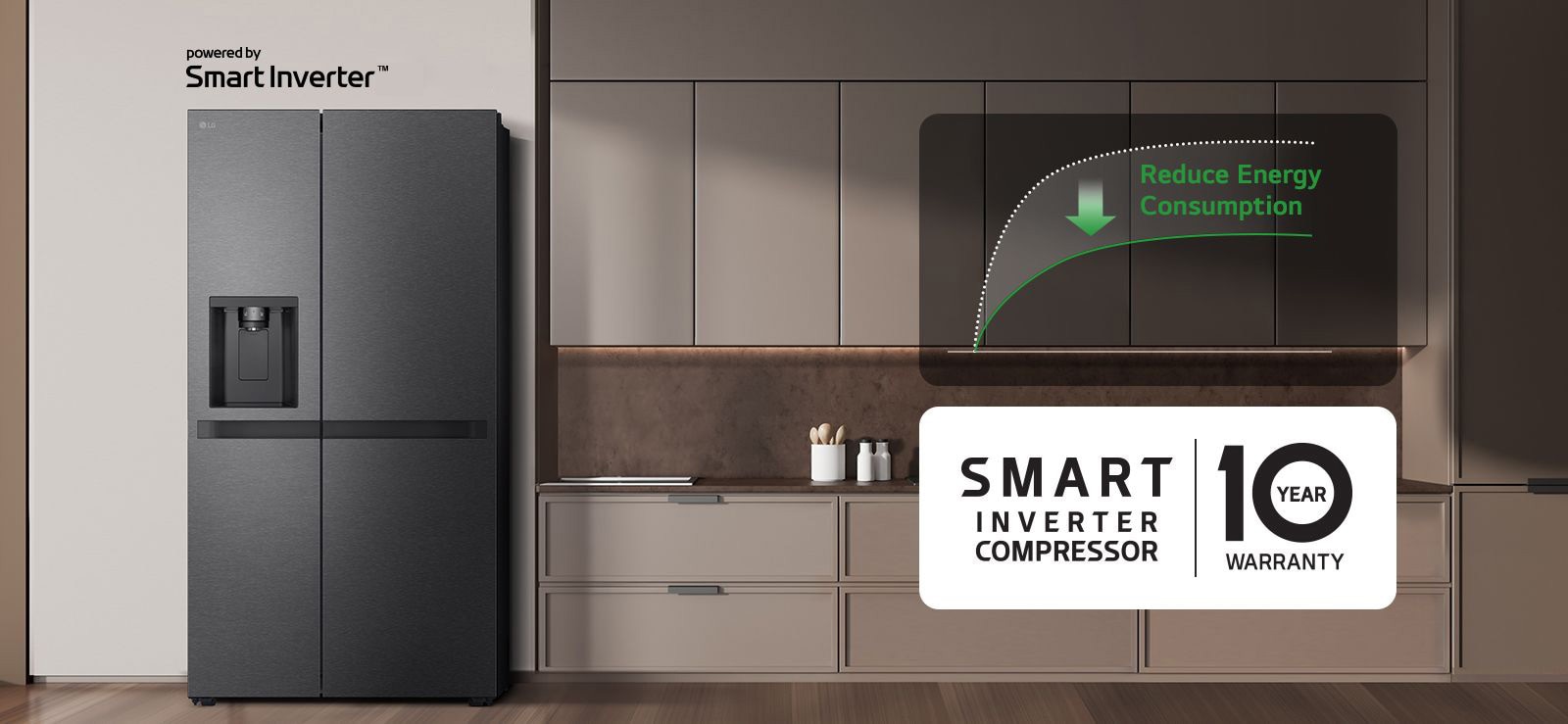 The refrigerator is installed in the kitchen wall and there is a graph showing the reduction of energy consumption using the smart inverter Inverter.