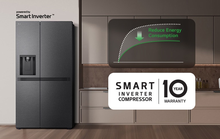 The refrigerator is installed in the kitchen wall and there is a graph showing the reduction of energy consumption using the smart inverter Inverter.