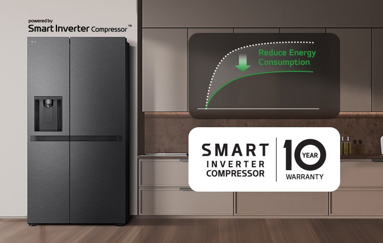 The refrigerator is installed in the kitchen wall and there is a graph showing the reduction of energy consumption using the smart inverter compressor.