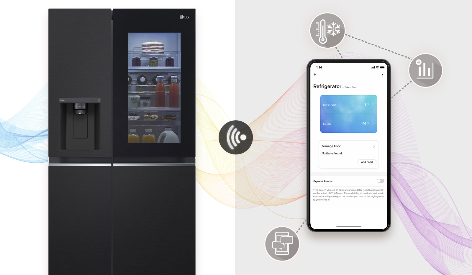 There's a woman sitting comfortably at a table far away doing her job. There is an ai speaker on the table. Leaving her behind, the walls and InstaView refrigerator are placed.