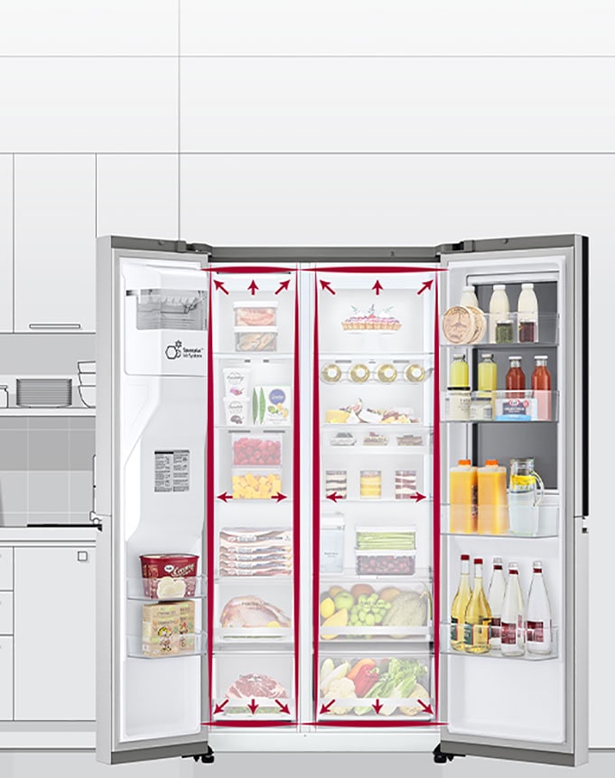 The interior spaces are outlined in a neon lines and arrows begin to push the lines out to show that there is now more space inside.