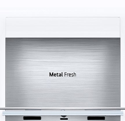 A side view of a kitchen with a black InstaView refrigerator installed.