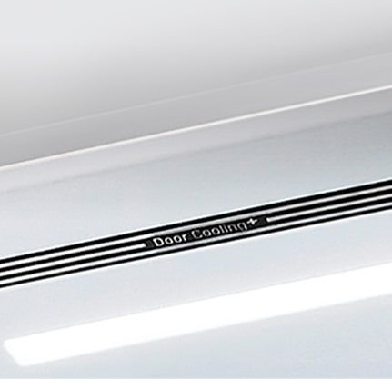 A diagonal view up into the top of the refrigerator showing the soft LED lighting.