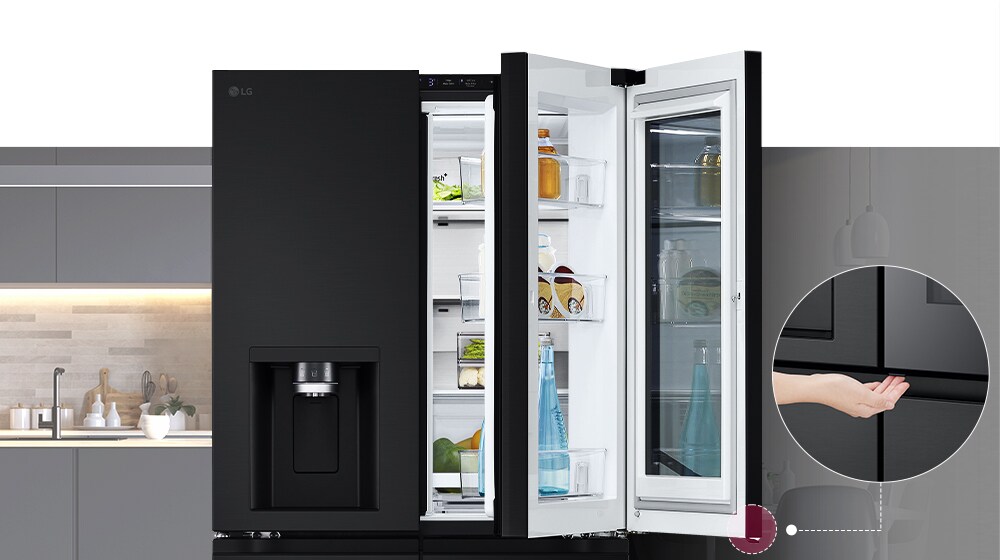 The front view of a Black Glass InstaView refrigerator. The door-in-door of the refrigerator is open. There's a small screen that explains where a concealed opening button is to open the door.