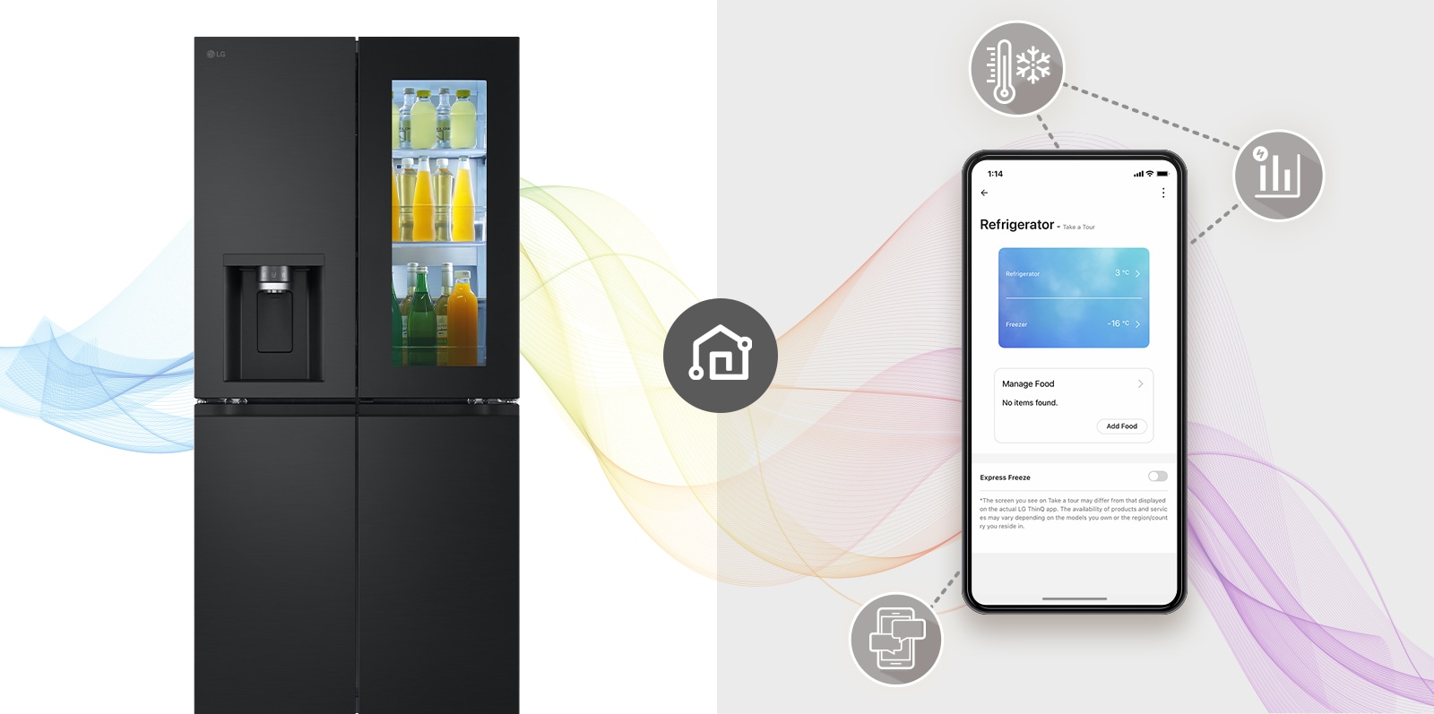 There's a woman sitting comfortably at a table far away doing her job. There is an ai speaker on the table. Leaving her behind, the walls and Black Glass InstaView refrigerator are placed.