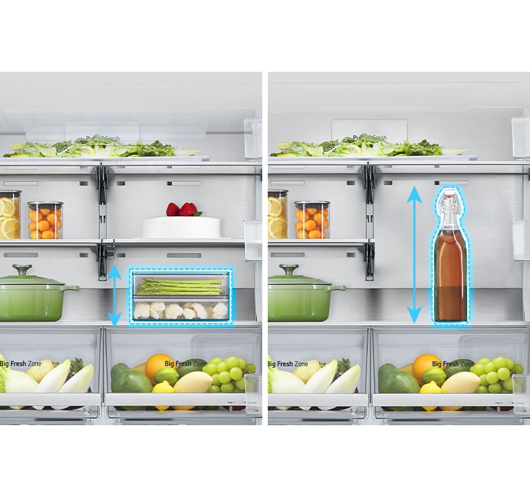 On the left, a shelf was spread out inside the refrigerator and a low food container was placed, and on the right, the shelf was folded in the same position and a high bottle was placed.