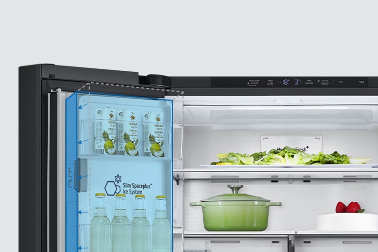 Inside the refrigerator, a slim indoor ice maker is highlighted in blue and the refrigerator is full of ingredients