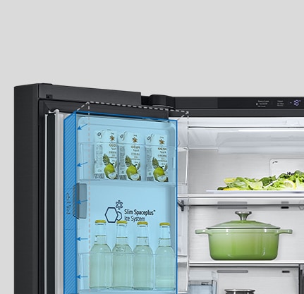 Inside the refrigerator, a slim indoor ice maker is highlighted in blue and the refrigerator is full of ingredients