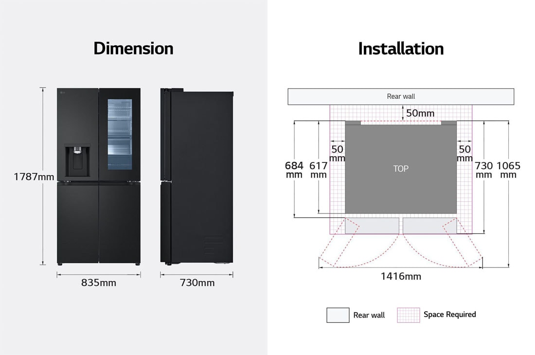 LG Black Glass InstaView, French Door Fridge, Essence Matte Black, 2024, Dimension, GR-X29FFQAB, thumbnail 14