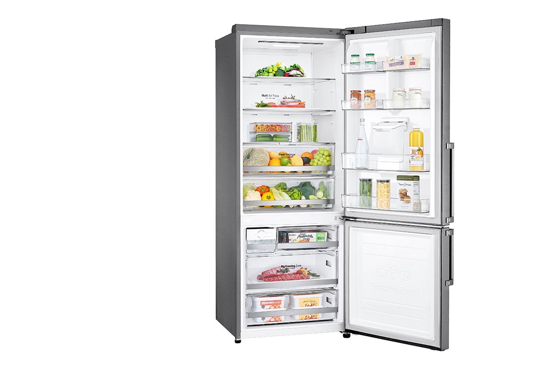 LG New Bottom Mount Refrigerator, Inverter Compressor, Multi AirFlow, Smart Diagnosis™, Platinum Silver, Right Side door open with food view, GR-F589BLCM, thumbnail 3