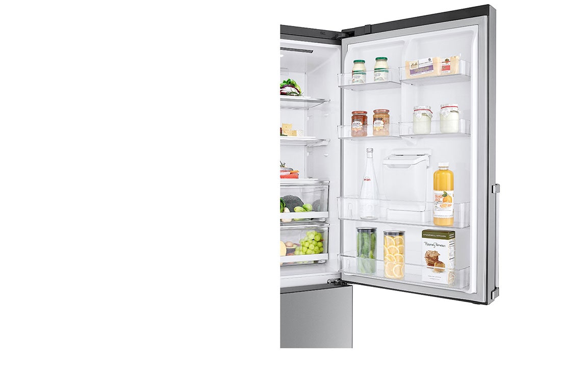 LG New Bottom Mount Refrigerator, Inverter Compressor, Multi AirFlow, Smart Diagnosis™, Platinum Silver, Top door open view, GR-F589BLCM, thumbnail 9