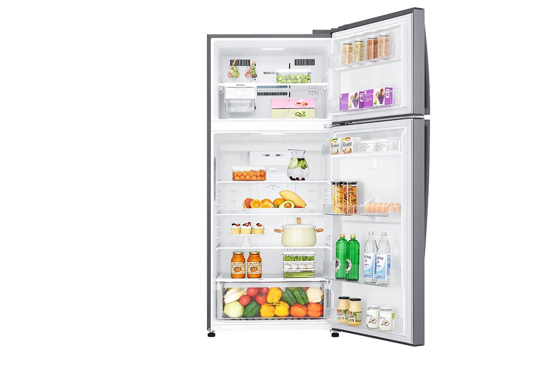 LG Top Mount Fridge, LINEARCooling™, DoorCooling⁺™, Smart Inverter Compressor, Silver, front view open with food, LTC752HFCM, thumbnail 2