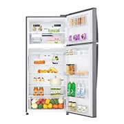 LG Top Mount Fridge, LINEARCooling™, DoorCooling⁺™, Smart Inverter Compressor, Silver, front view open with food, LTC752HFCM, thumbnail 2