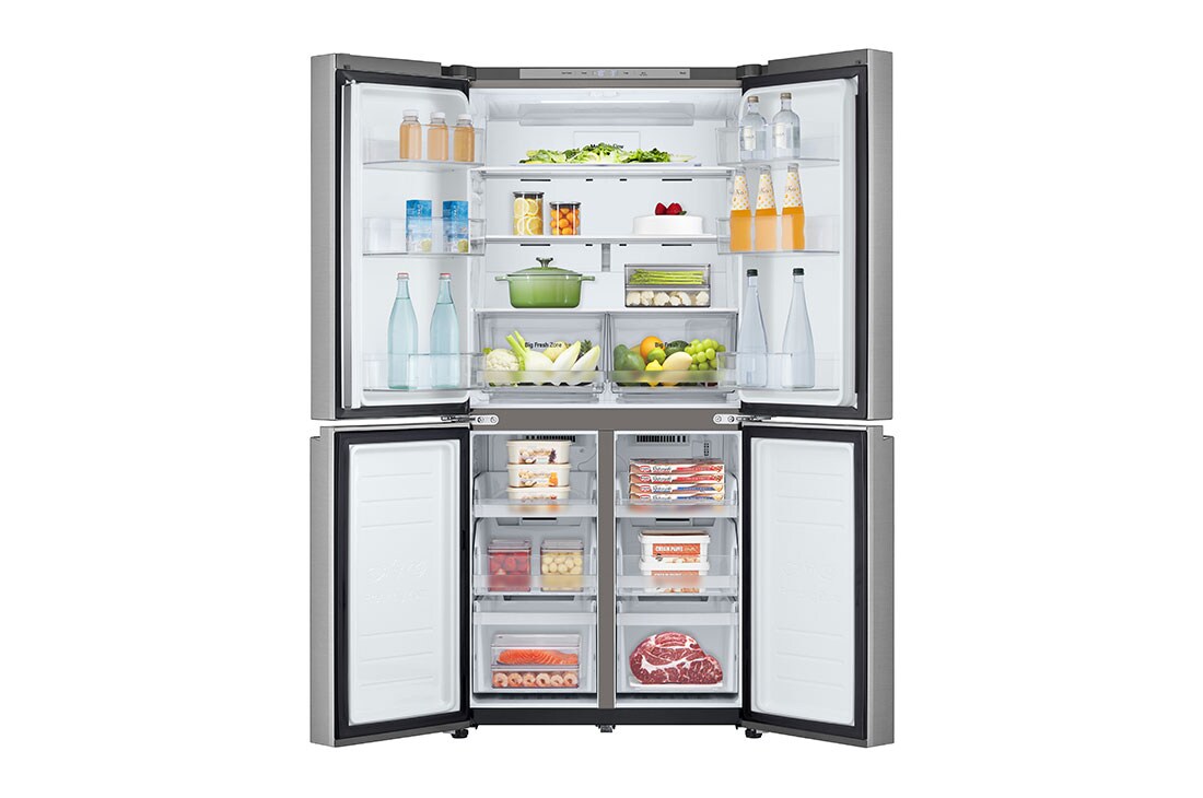 LG French Door Fridge, Prime Silver, LG ThinQ™,  Inverter Linear Compressor, front open with food, GR-B22FFLZB, thumbnail 2