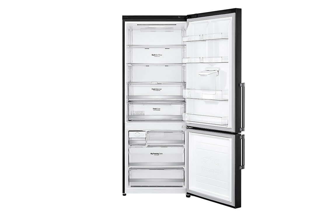 LG Bottom Mount Refrigerator, Inverter Compressor, Multi AirFlow, Matte Black , Right Side door open with food view, GR-F589BQCM, thumbnail 3